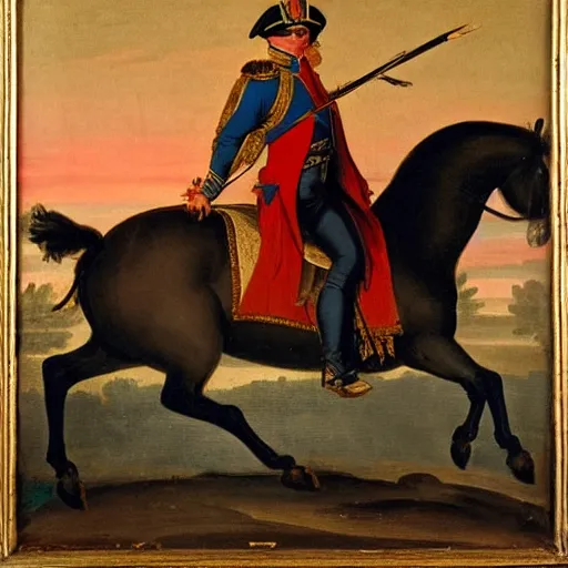 Image similar to a 1 8 th century painting of napoleon riding a horse with sunset in venice