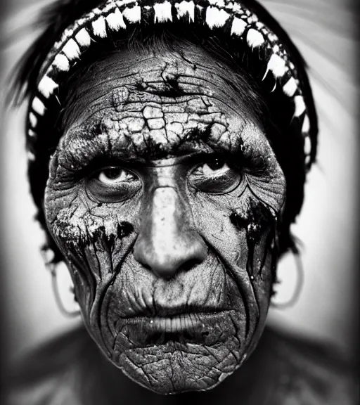 Prompt: a indio shaman, 5 0 yo, annoyed look, skin pores, scars, skin condition, dark background, studio light, hdr, nikon 5 0 mm f / 1. 8 g, by sebastiao salgado