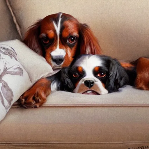 Image similar to a cavalier king charles spaniel who is really bored, tired, lying on a sofa with pillows, oil on canvas, by artgerm and greg rutkowski and alphonse mucha