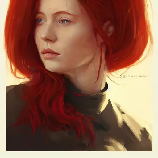 Prompt: portrait of redhead woman by Greg Rutkowski, who looks like a mixture between Karen Gillan, Thomasin McKenzie and young Bryce Dallas Howard wearing red and black utilitarian jumpsuit, scifi, highly detailed portrait, digital painting, artstation, concept art, smooth, sharp foccus ilustration, Artstation HQ