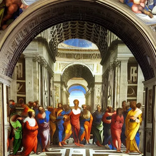 Prompt: school of athens painting, exchanging trading cards, renaissance art, painted by raphael