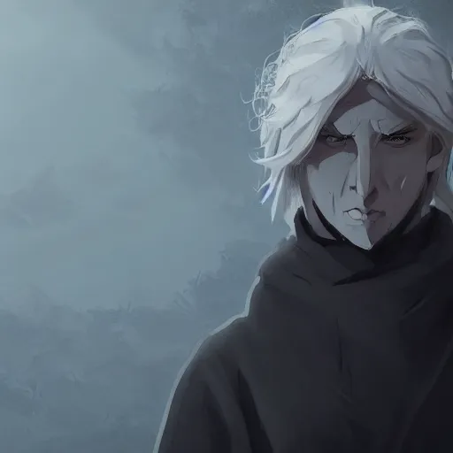 Image similar to a white haired man with yellow eyes, wearing a black cultist robe, medieval background, highly detailed, digital painting, artstation, matte, by makoto shinkai, animation style, studio ghibli, anime key visual