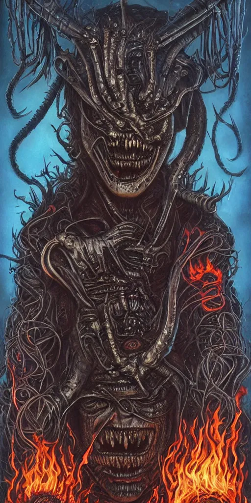 Image similar to giger doom demon portrait of a handsome satanic brown haired hippie with long hair and blue eyes, fire and flame, Pixar style, nightmare fuel, by Tristan Eaton Stanley Artgerm and Tom Bagshaw.