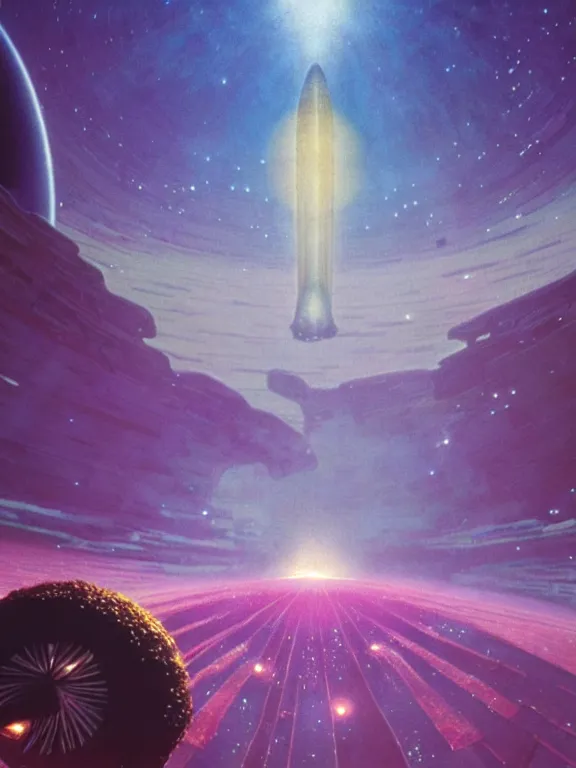 Prompt: still from space odyssey movie, round epic coconut spaceship floating in deep space in full of many orchids flowers, galaxy, nebula, epic, style of moebius, vincent di fate, michael whelan, mucha, volumetric light, mega detailed, unreal engine 5, beautiful composition, beautiful lighting