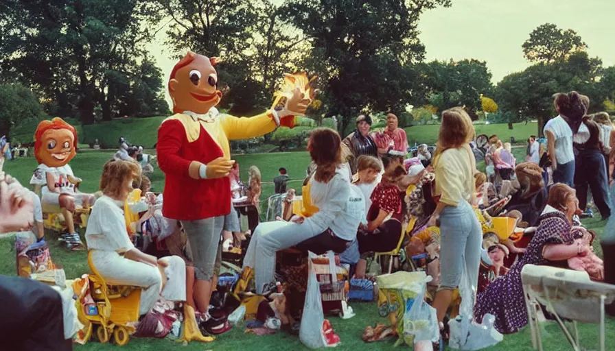 Image similar to 1990s candid photo of a beautiful day at the park, cinematic lighting, cinematic look, golden hour, costumed packaged food mascot people in the background, Enormous personified packaged food people with happy faces and hands talking to families, UHD