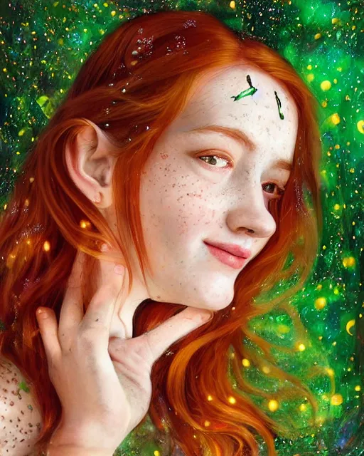 Image similar to a happy young woman looking over shoulder, intricate detailed dress, among the lights of golden fireflies, sitting in the midst of nature, long loose red hair, bright green eyes, small nose with freckles, triangle shape face, smiling, dreamy scene, golden ratio, high contrast, photo realistic digital art by caravaggio and artgerm.