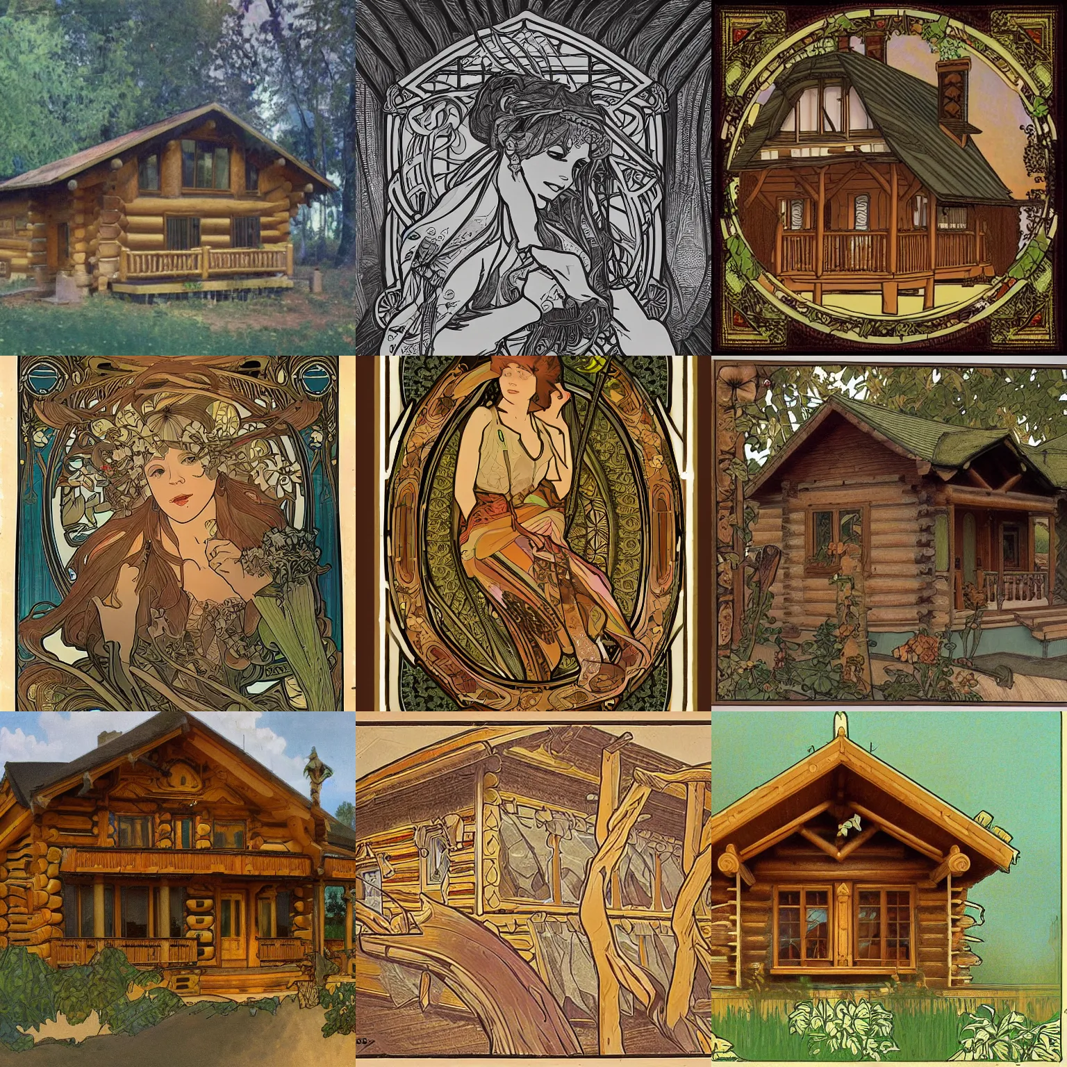 Prompt: a log cabin in the style of alphonse mucha