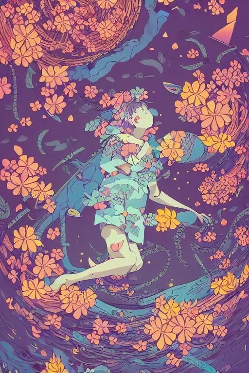 Image similar to night sky full of flowers, floating details, leaves by miyazaki, colorful palette illustration, kenneth blom, mental alchemy, james jean, pablo amaringo, naudline pierre, contemporary art, hyper detailed