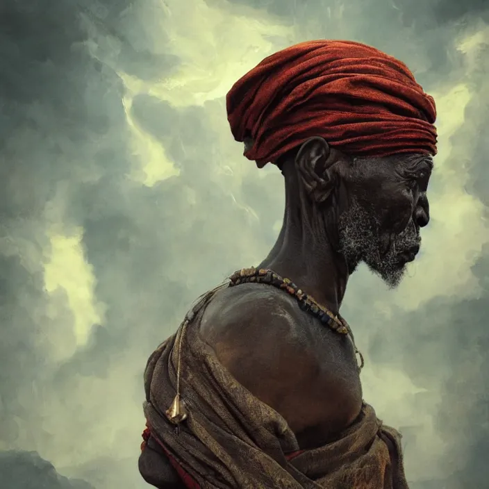 Image similar to a painting of a wise elder from Kenya. dramatic angle, ethereal lights, details, smooth, sharp focus, illustration, realistic, cinematic, artstation, award winning, rgb , unreal engine, octane render, cinematic light, macro, depth of field, blur, red light and clouds from the back, highly detailed epic cinematic concept art CG render made in Maya, Blender and Photoshop, octane render, excellent composition, dynamic dramatic cinematic lighting, aesthetic, very inspirational, arthouse.