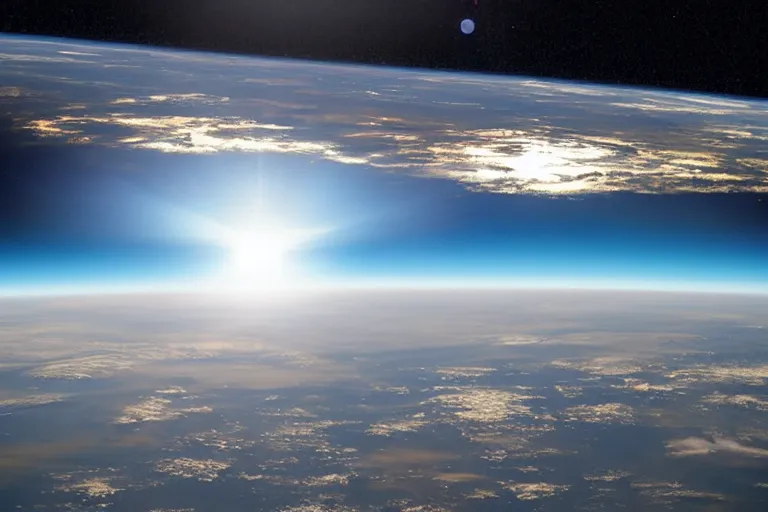 Prompt: photo of sun on earth horizon from space