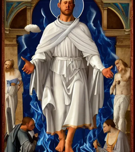 Image similar to hank hill wearing a white toga, emerging from blue fire, surrounded by blue flames, waist - up shot, renaissance religious painting, late gothic religious paintings, byzantine religious art, painting by duccio di buoninsegna and carlo crivelli, trending on artstation