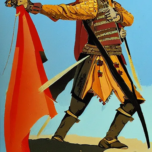 Prompt: a medieval Turkish infantry warrior. HD character design reference, by Angus McBride, gouache.