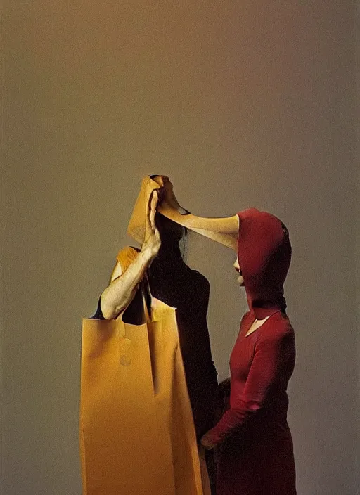 Prompt: woman with a paper bag over the head and a sward Edward Hopper and James Gilleard, Zdzislaw Beksinski, highly detailed