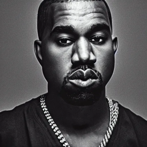 Image similar to the face of young kanye west wearing yeezy clothing at 3 3 years old, black and white portrait by julia cameron, chiaroscuro lighting, shallow depth of field, 8 0 mm, f 1. 8