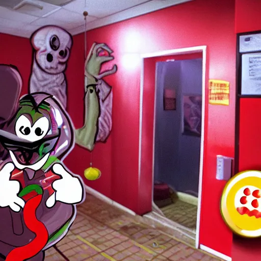 Image similar to horror creepypasta chuck E cheese breaking into room, hyperrealistic blood and eyes