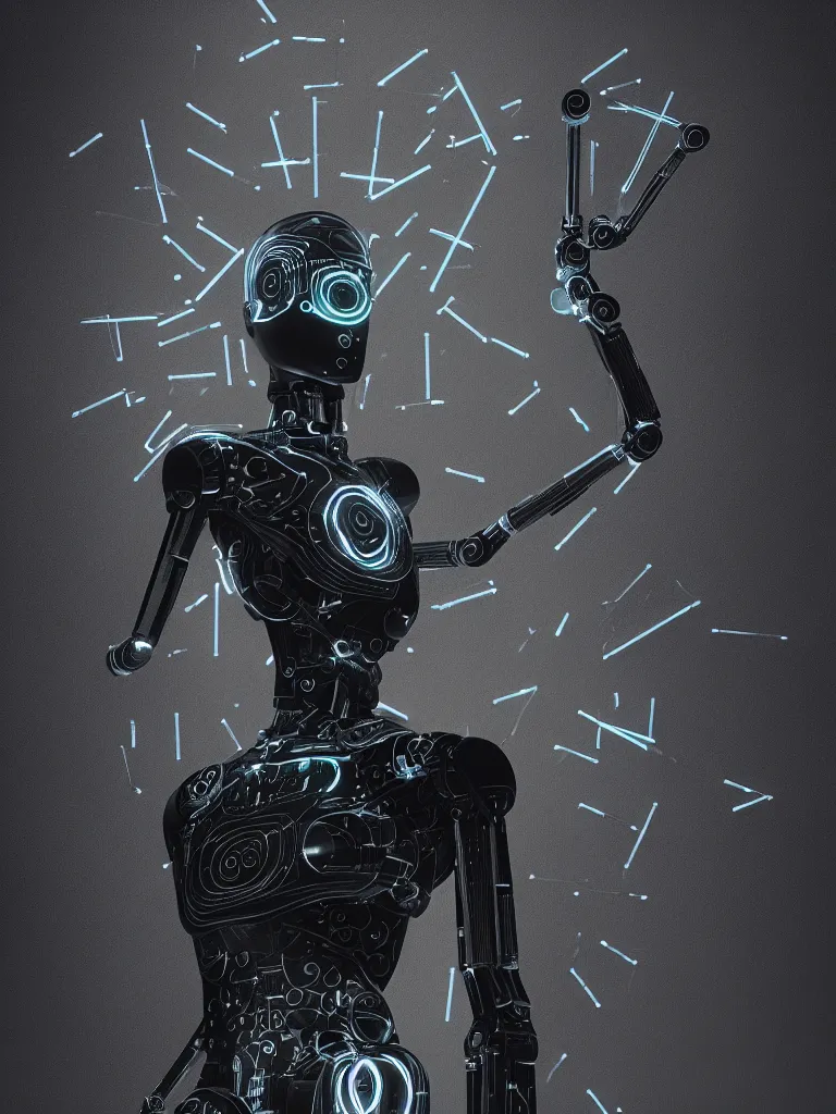Prompt: an I Robot representing the death tarot card, black paper, by mario feng, ray tracing, master shot, octane render, 8k, ultra hd, perfect light