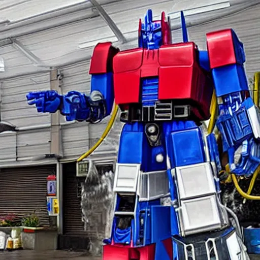 Image similar to Optimus prime working in a local carwash