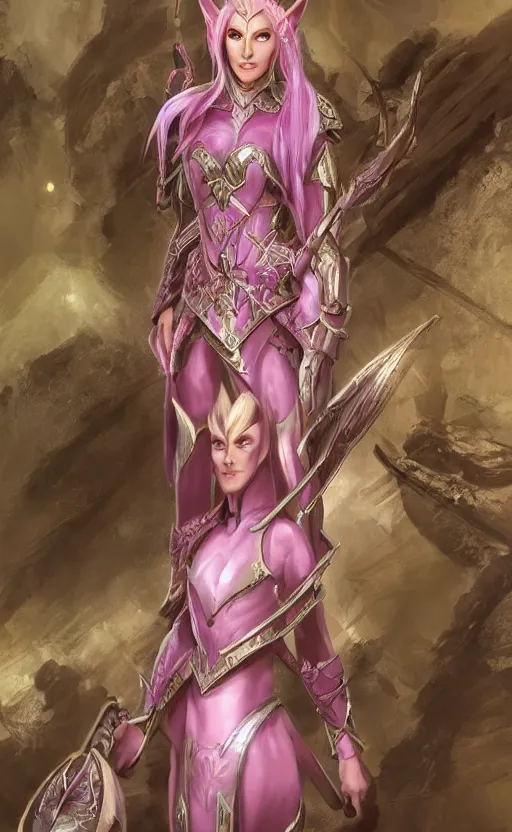 Image similar to a full body portrait of an elven woman with pink skin, and armor fit for a queen, wearing purple headphones, and smiling, dynamic lighting, photorealistic fantasy concept art, trending on art station, stunning visuals, creative, cinematic, ultra detailed