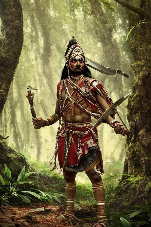 Image similar to Photo of an Indian warrior in a forest, photorealistic, hyper detailed, octane render, 4k