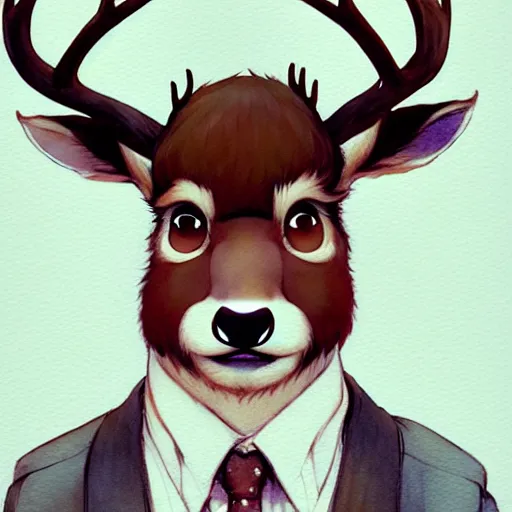 Prompt: character design portrait of a stupid chinese anthropomorphic furry deer man with deer ears, short brown hair, wearing a suits, looking at the camera, 4 k, concept art, by wlop, wenjun lin, watercolor, ilya kuvshinov, artgerm, krenz cushart, pixiv.