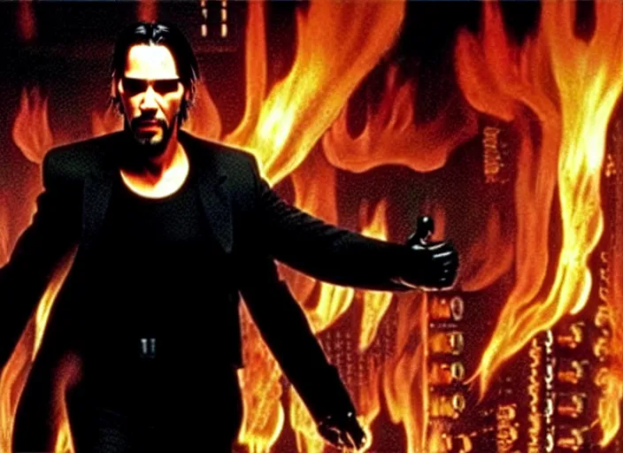 Prompt: A photo of Keanu Reeves as Neo in The Matrix movie doing a thumb up to the camera in front on burning servers, servers in flames in the background, doing a thumb up, uncropped, full body, crispy, ultra detailed, cinematic