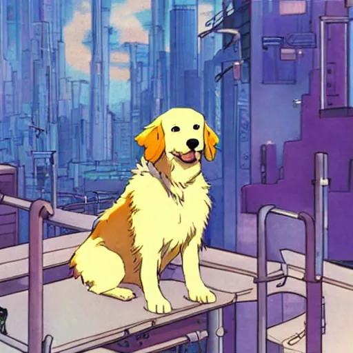 Prompt: golden retriever in a cyberpunk world, studio ghibli