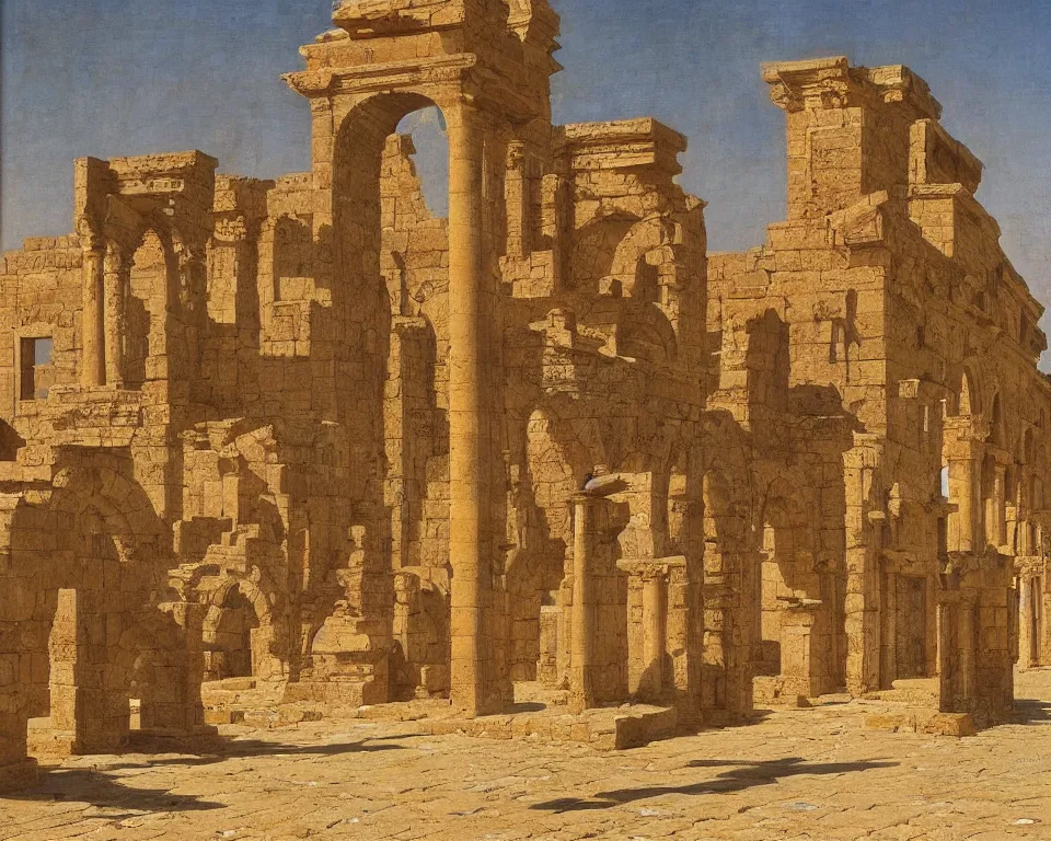 Prompt: an ancient roman city and oasis in the middle of the Saharan desert. intricate, vibrant, blowing sands, Raphael, Hasui Kwase, Rene Margritte, John Martin.