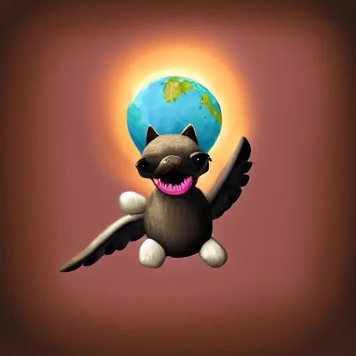 Image similar to digital painting depicting a flying cute planedog