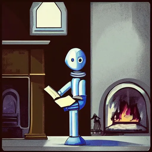 Prompt: “a lonely robot reads a book near a fireplace in a Victorian home.”