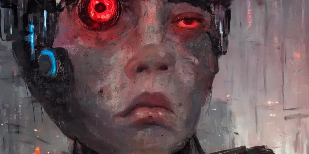 Prompt: extreme closeup on the eyes of a neon guard boy with short dark hair cyberpunk futuristic, in front of a dystopian crowd with piles of garbage by Ismail inceoglu dragan bibin hans thoma, Perfect face, fine details, realistic shaded, fine-face, pretty face