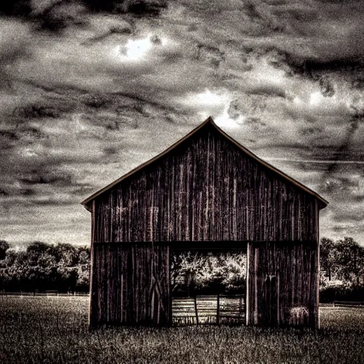 Prompt: a spooky old barn artistic rendition saturated colors deep blacks