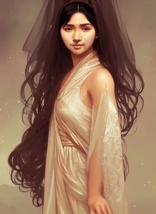 Image similar to cute brown woman wearing a transparent night gown and hanfu face veil, fantasy, intricate, highly detailed, digital painting, artstation, concept art, wallpaper, smooth, sharp focus, illustration, art by artgerm and greg rutkowski and alphonse mucha