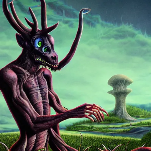 Image similar to a centered chest up portrait of a psychedelic demonic anthropomorphic wendigo smoking a hand - rolled cigarette smoking heavily, magic mushroom village in background. award winning. superb resolution. in the art style of junji ito and greg rutkowski. detailed mushroom city in background. hyper realistic anime. perfect art. dalle 2