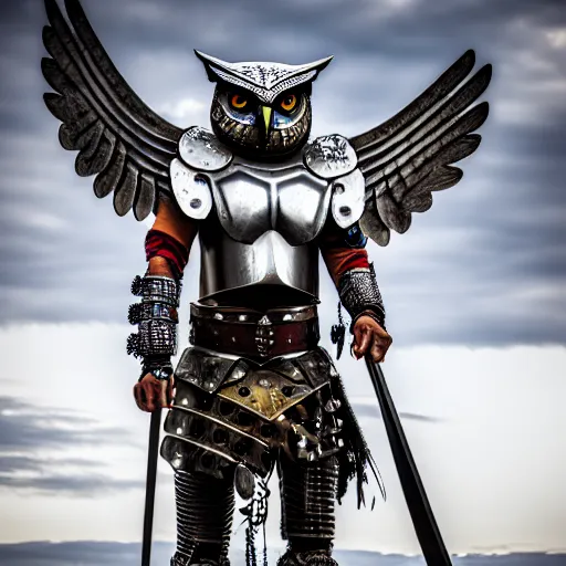 Prompt: photo of a warrior with metal owl armour, highly detailed, 4k, HDR,