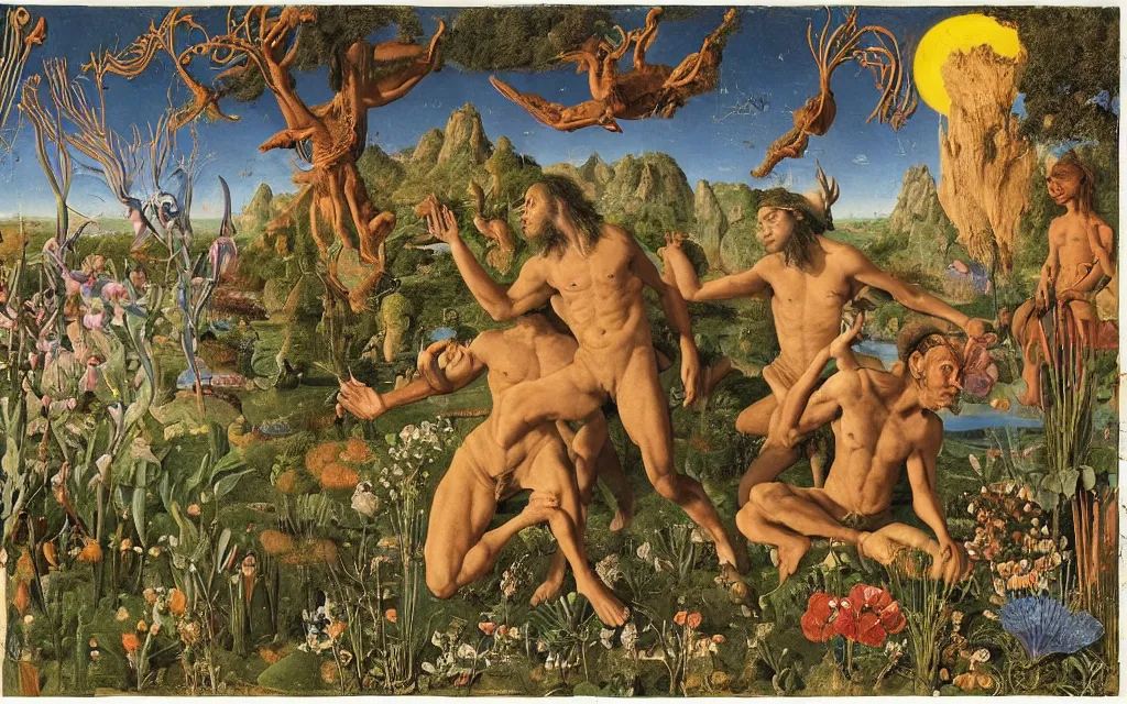 Image similar to a portrait photograph of a meditating satyr and a centaur monk riding a rocket machine and hunting at a river delta. surrounded by bulbous flowers and trees. mountain range under a blue sky of fiery stars. by jan van eyck, max ernst, ernst haeckel, ernst fuchs and artgerm, cgsociety, fashion editorial, 8 k