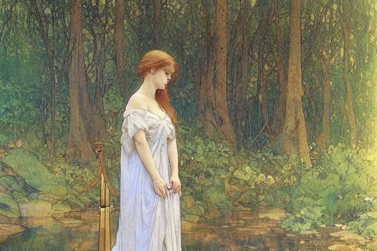 Image similar to a beautiful painting of the back view of a young lady with long dark hair in white linen dress sitting by the river in a grown forest, playing a golden harp, sunlight reflected on the river, Mucha, Moebius, Mohrbacher