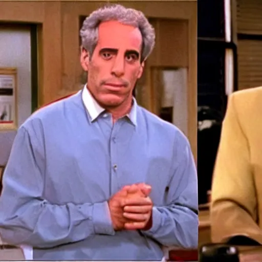 Prompt: video still from an episode seinfeld starring jeffrey epstein