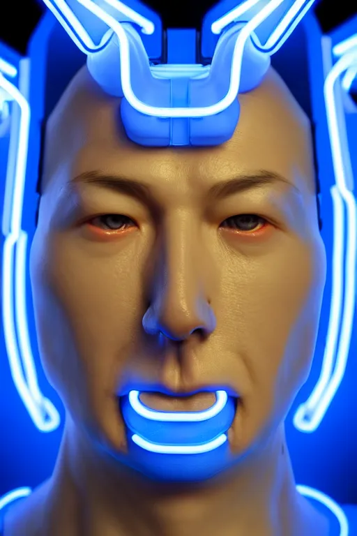 Image similar to hyperrealistic close-up blue neon exoskeleton!! chinese man covered highly detailed concept art eric zener elson peter cinematic side soft yellow light low angle hd 8k sharp shallow depth of field