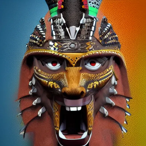 Image similar to Character Design, aztec warrior with jaguar mask, photorealistic