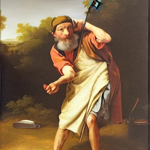 Prompt: a homeless man holding a golf club in the style of a baroque painting
