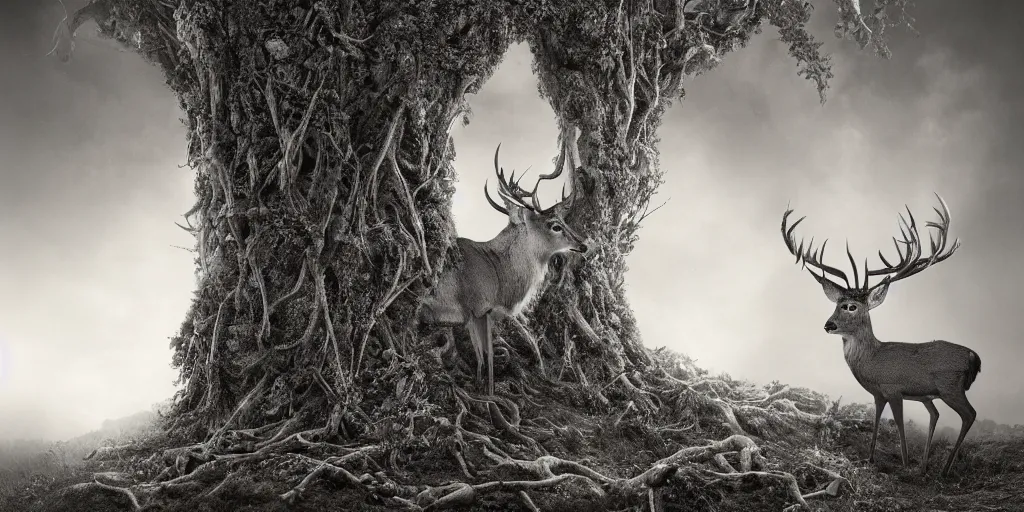 Image similar to deer getting overgrown by roots, edelweiss growing on his fur, forest, dolomites, alpine, detailed intricate insanely detailed octane render, 8k artistic 1920s photography, photorealistic, black and white, chiaroscuro, hd, by David Cronenberg, Raphael, Caravaggio