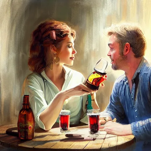 Image similar to (((Boba Fett))) and a beautiful young blonde drinking beer in a wine cellar, food, meat, schnapps, torches on the wall, romantic, inviting, cozy, painting by Vladimir Volegov