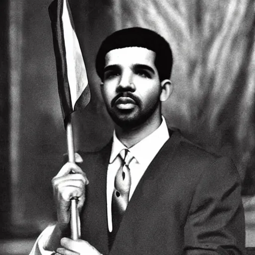 Prompt: drake holding indian national flag in right hand, photograph