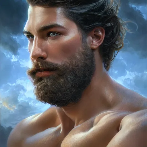 Prompt: portrait of a heavenly god, male, masculine, beard, full body, muscular, fantasy, intricate, elegant, dramatic lighting, highly detailed, digital painting, artstation, concept art, matte, sharp focus, illustration, art by artgerm and greg rutkowski and alphonse mucha