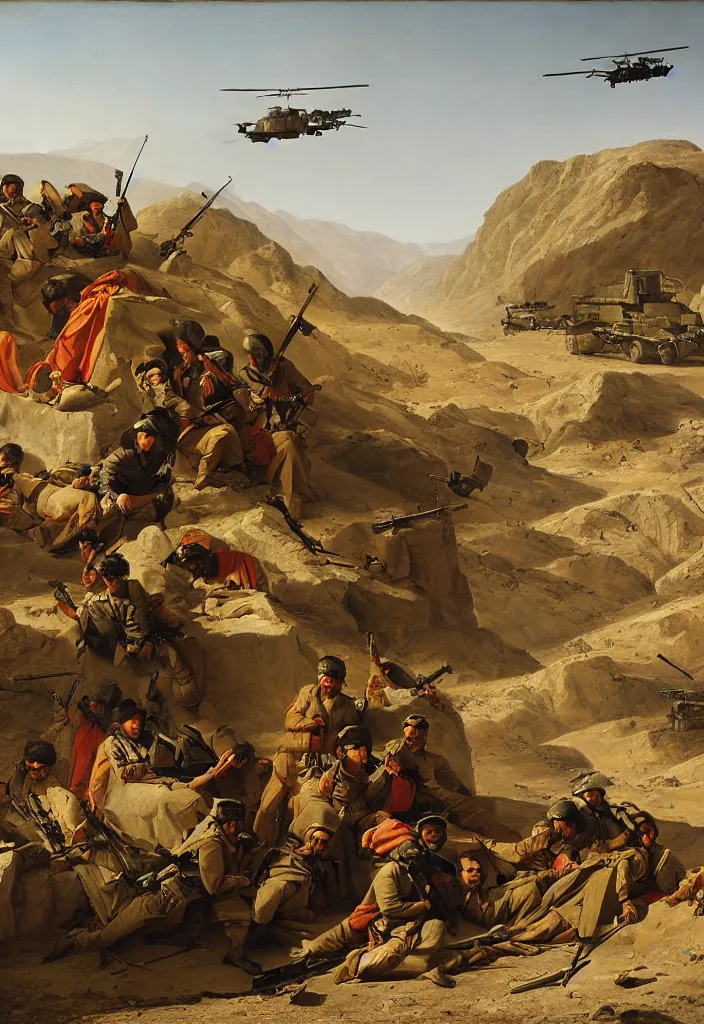 Image similar to afghanistan war portrait by jacques - louis david, desert, us army, battlefield, helicopters firing, humvee, tanks, bombs explosions