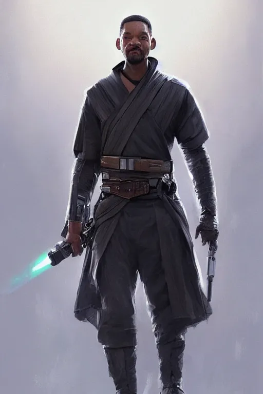 Prompt: will smith as a star wars jedi knight, cinematic lighting, highly detailed, concept art, art by wlop and artgerm and greg rutkowski, masterpiece, trending on artstation, 8 k