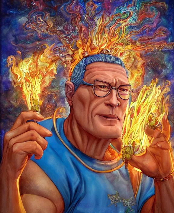 Image similar to hank hill as the god of propane, blue flames, magic realism, art by mike judge, art by josephine wall, art by huang guangjian, art by viktoria gavrilenko, art by amanda sage, trending on artstation