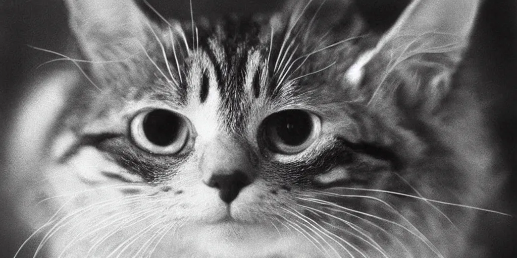 Prompt: very old black and white photo from 1898, film grain, a very surprised cat with large eyes looks into your soul