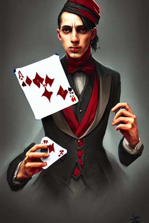 Image similar to modern street magician holding a playing card, realistic, modern, magicians eyes are covered with hankerchief, intricate, elegant, highly detailed, digital painting, artstation, concept art, addiction, smooth, sharp focus, illustration, art by ilja repin