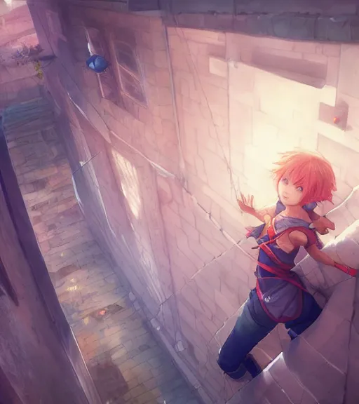 Image similar to anime waifu girl climbing a wall highly detailed, trending on Artstation, Unreal Engine 4k, cinematic wallpaper by Stanley Artgerm Lau, WLOP, Rossdraws, James Jean, Andrei Riabovitchev, Marc Simonetti, and Sakimichan